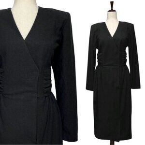 Leslie Lucks Vintage 80s Wool Blend Black Faux Wrap Midi Dress Size 12